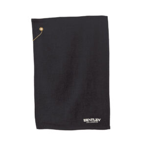 Black, cotton golf towel with Bentley branding.